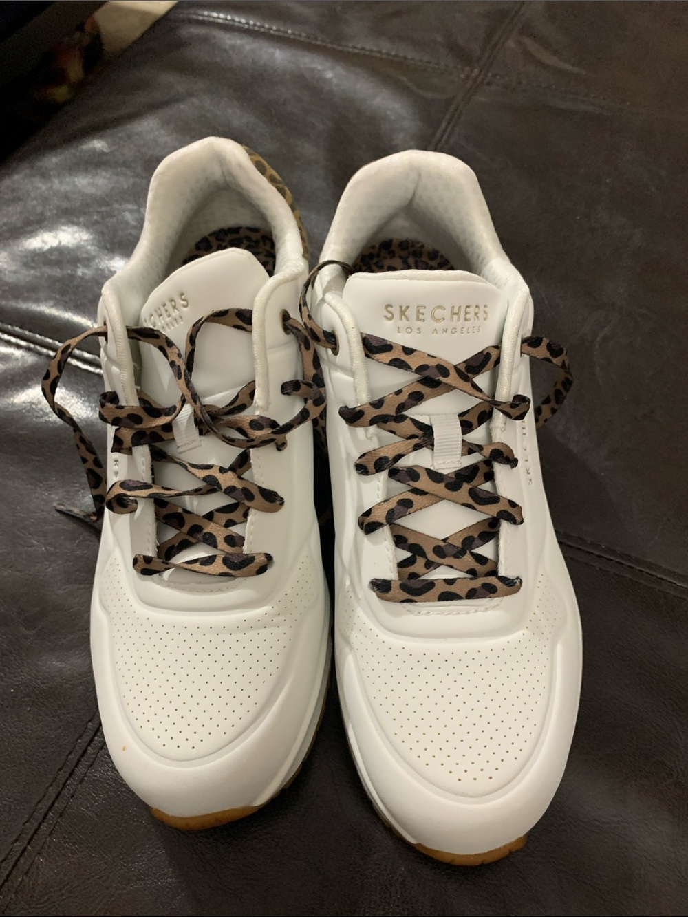 Skechers White Sneakers with Leopard-Print Laces